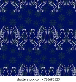 Beautiful pattern with bright rooster. Background Fantastic beasts , mystical birds. Blue snowflakes.