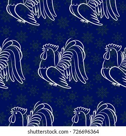 Beautiful pattern with bright rooster. Background Fantastic beasts , mystical birds. Blue snowflakes.