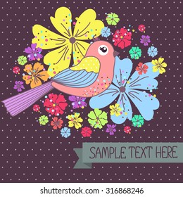 Beautiful pattern card with birds and flowers on a purple background