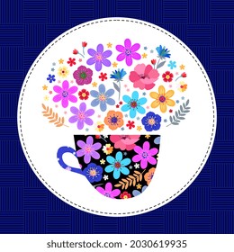 Hermoso patrón para carta con taza de té y flores. Teatime. Ilustración vectorial colorida. 
