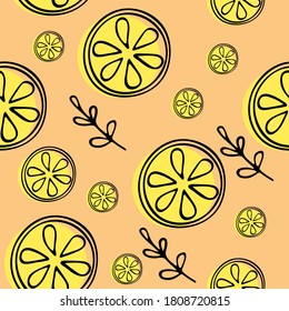 Beautiful pattern with citrus fruits and branches. Seamless bright picture. Vector illustration.