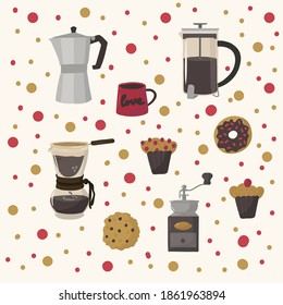 Beautiful pattern of coffee drinks and food. Hand-drawn background for kitchen or restaurant textiles. Cute hand-drawn flat mugs, vessels and sweets: cappuccino, morning, latte, espresso, black