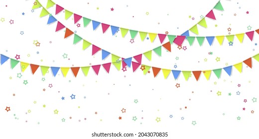 Beautiful pattern colorful flags garland and confetti. Carnival garland with pennants for birthday celebration, festival and fair decoration. Colorful confetti falling on a white background. Vector