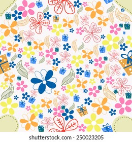 Beautiful pattern with colorful flowers and gifts.
