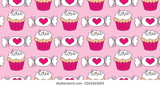 Beautiful Pattern Cupcake topped with Heart. Cherry, butter, Vanilla, and strawberry cake. Valentine's Cupcake cartoon doodle, Beautiful, delicious and full of heart. hand drew cake cartoon, for decor