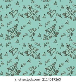Beautiful pattern with cute birds and flowers. For gift wrappers, backgrounds, cards and more.
