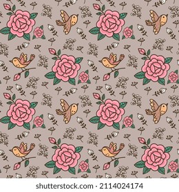 Hermoso patrón con lindos pájaros y flores. Para envolturas de regalo, fondos, tarjetas y más.