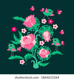 Beautiful pattern with cute cartoon birds and pink flowers on green background. Poster for baby, print for fabric.