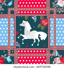 Beautiful pattern with cute cartoon horse, zigzag borders, floral and polka dot background. Cushion or napkin for kid. Vector design.
