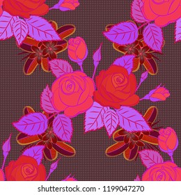 Beautiful pattern for decoration and design. Exquisite pattern with rose flowers in vintage style. Watercolor seamless pattern with rose and leaves. Trendy print in red, brown and violet colors.