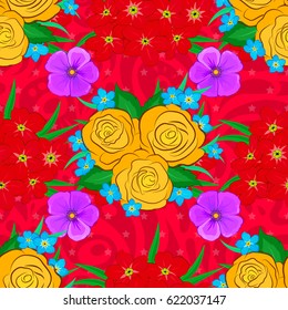 Beautiful pattern for decoration and design. Exquisite pattern with rose flowers and leaves in vintage style. Trendy print on a red background. Seamless pattern with yellow roses with green leaves.