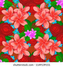 Beautiful pattern for decoration and design. Seamless pattern with plumeria flowers. Trendy print in red, pink and orange colors. Exquisite pattern with plumeria flowers in vintage style.