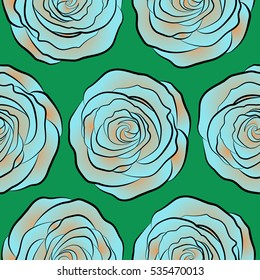 Beautiful pattern for decoration and design. Seamless watercolor pattern with blue, orange and green roses. Trendy print. Vintage, retro. Exquisite pattern for design with rose flowers.