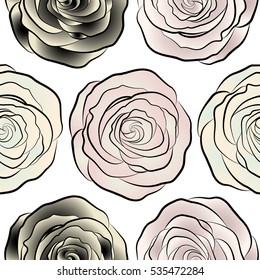 Beautiful pattern for decoration and design. Seamless watercolor pattern with black, neutral and beige roses. Trendy print. Vintage, retro. Exquisite pattern for design with rose flowers.