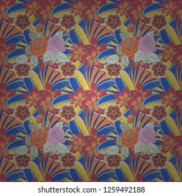 Beautiful pattern for decoration or design. Trendy print in blue, pink and orange colors. Seamless pattern with rose and leaves. Exquisite pattern with rose flowers and leaves in vintage style.
