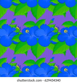 Beautiful pattern for decoration and design. Trendy print on a violet background. Watercolor seamless pattern with hibiscus flowers. Exquisite pattern with hibiscus flowers in vintage style.