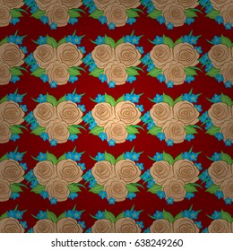 Beautiful pattern for decoration and design. Trendy print on a red background. Watercolor seamless pattern with rose and green leaves. Exquisite pattern with rose flowers and leaves in vintage style.