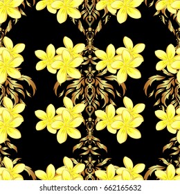 Beautiful pattern for decoration and design. Trendy print on a black background. Watercolor seamless pattern with plumeria flowers. Exquisite pattern with plumeria flowers in vintage style.