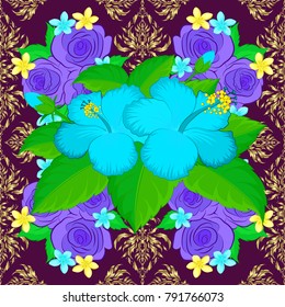 Beautiful pattern for decoration and design. Trendy print in purple, green and blue colors. Watercolor seamless pattern with hibiscus flowers. Exquisite pattern with hibiscus flowers in vintage style.