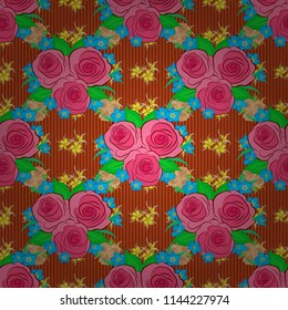 Beautiful pattern for decoration and design. Vintage, retro. Trendy print. Exquisite pattern for design with rose flowers. Seamless watercolor pattern with orange and pink roses with green leaves.