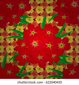 Beautiful pattern for decoration and design. Watercolor seamless pattern with primrose flowers. Exquisite pattern with primrose flowers in vintage style. Trendy print on a red background.