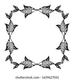 Beautiful pattern decorative frame of fishes. Vector illustration