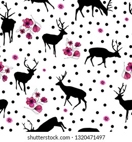 beautiful pattern with deer silhouettes and flower elements, seamless vector illustration