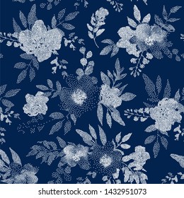 Beautiful Pattern Dots Flowers, Great Design For Any Purposes. Modern Stylish White Dot Texture On Blue Background. Seamless Pearl Floral Vector Pattern. 