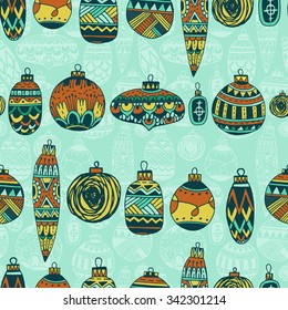 Beautiful pattern drawn toys for the Christmas tree. Balls of glass with a pattern. The original pattern for solving Christmas invitations and posters.