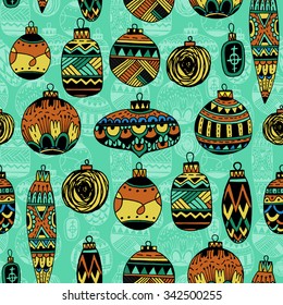 Beautiful pattern drawn toys for the Christmas tree. Balls of glass with a pattern. The original pattern for solving Christmas invitations and posters.
