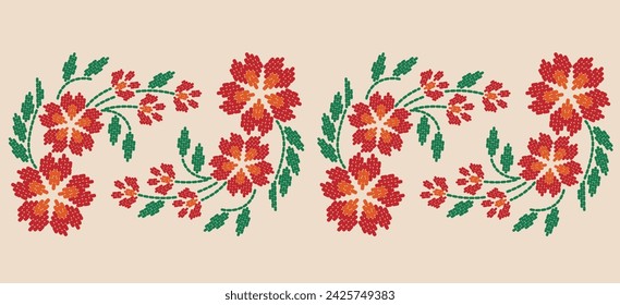 Beautiful Pattern Embroidery floral, leaves and branches pattern design, hem, skirt, adorning sleeves flower embroidery. beautiful border floral embroidery. Ethnic flower pattern.