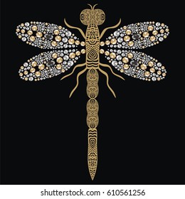 Beautiful Pattern Embroidery Of Flying Dragonfly Shiny Gold, Silver And Black Print With Precious Rhinestones, Embroidery And Jewelry. Isolated Fashion Abstract  Background - Stock Vector.