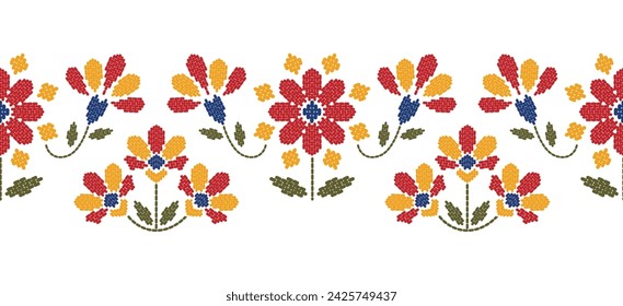 Beautiful Pattern Embroidery red floral, leaves and branches pattern design, hem, skirt, adorning sleeves red flower embroidery. beautiful border floral embroidery. Ethnic flower pattern.