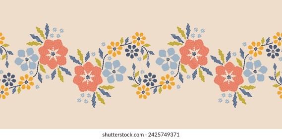 Beautiful Pattern Embroidery yellow floral, leaves and branches pattern design, hem, skirt, adorning sleeves flower embroidery. beautiful border floral embroidery. Ethnic yellow flower pattern.