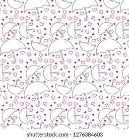 Beautiful pattern of falling umbrellas and hearts in red