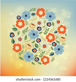 A beautiful pattern with fantasy flowers in flat cartoon style. Folk or tribal design.  Great for fashion, prints, posters, cards, invitations, wedding, stationery, birthday, valentine day, textile, 
