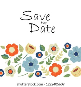 A beautiful pattern with fantasy flowers in flat cartoon style. Folk or tribal design.  Great for fashion, prints, posters, cards, invitations, wedding, stationery, birthday, valentine day, textile, 