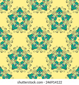 Beautiful pattern with Feather peacock. Card of mandala made in vector. Perfect  pattern, design, birthday other holiday, background for web pages. Background, kaleidoscope, India, meditation