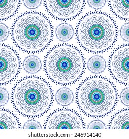 Beautiful pattern with Feather peacock. Card of mandala made in vector. Perfect  pattern, design, birthday other holiday, background for web pages. Background, kaleidoscope, India, meditation