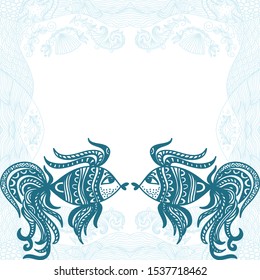 Beautiful pattern fishes and sea frame. Vector illustration
