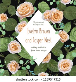 Beautiful pattern for floral watercolor greeting card, wedding invitation. beige pastel roses with wax flowers, green eucalyptus leaves and a diamond-shaped frame for print
