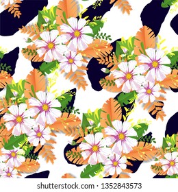 Beautiful pattern flower Daisy summer with tropical leaves. Vector tropic pattern.
