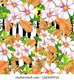 Beautiful pattern flower Daisy summer with tropical leaves. Vector tropic pattern.