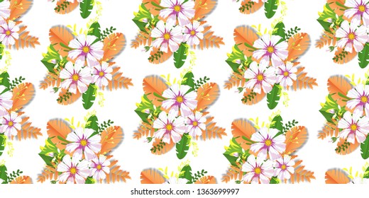 Beautiful pattern flower Daisy summer with tropical leaves. Vector tropic pattern.