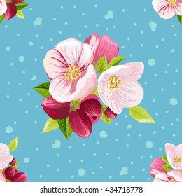 Beautiful pattern with flowers of apple trees on blue background. Vector illustration. Figure fabric. Seamless pattern