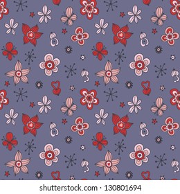 Beautiful pattern with flowers and cute details. Romantic abstract background in purple color. Lovely skin for your device. Vector illustration