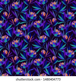 beautiful pattern with flowers, graphic bright flower buds on long legs. Seamless vector pattern for textiles, wallpapers, and prints.