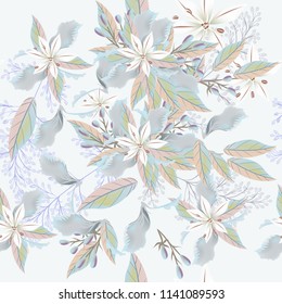 Beautiful pattern with flowers and leaves in soft pastel colors
