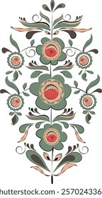 A beautiful pattern with flowers and leaves in the style of ancient paintings of the peoples of the north of Russia of the 18-19 centuries.