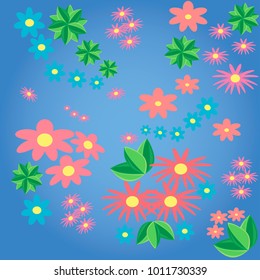 A beautiful pattern with flowers on a blue background in flat cartoon style. Vector traditional floral bouquet. Great for fashion, cards, invitations; a retro ornament.